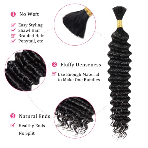 Human Braiding Hair 2 Bundles 100g 28Inch Deep Wave Bulk Human Hair for Braiding No Weft Curly Braiding Hair Bulk Curly Human Hair for Boho Braids 12A Brazilian Virgin Hair Extensions Natural Color