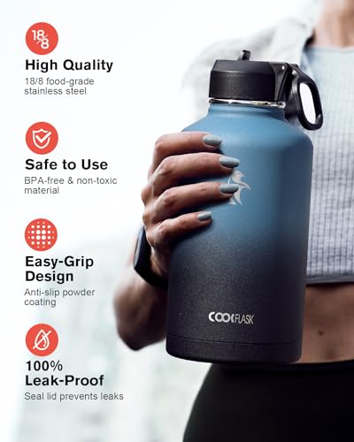 Half Gallon Water Bottle Insulated with Straw & 3 Lids, Coolflask 64 oz Water Jug Large Metal Stainless Steel Wide Mouth f...