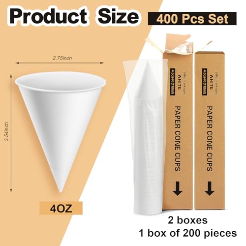 Roshtia 400 Pcs Paper Cone Cups Thicken Disposable Cone Cups for Shaved Ice, Slushies Water Cooler Dispenser, White (4 oz)