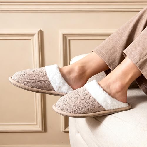 LOKIMSI Women's Cozy Knit Slippers with Faux Fur Lining Memory Foam - Non-Slip Rubber Sole Indoor/Outdoor Winter House Sho...