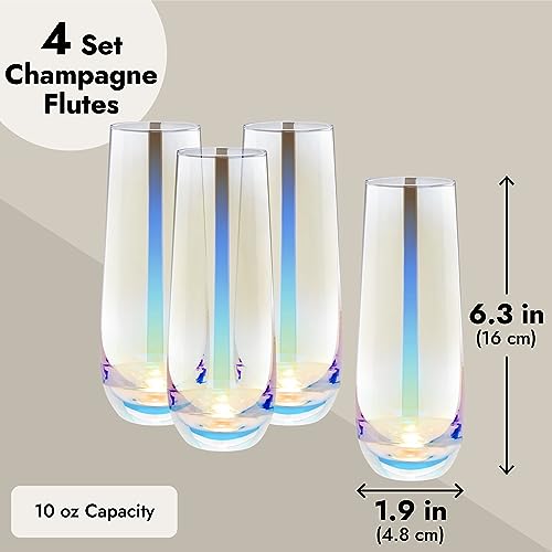 Sparkle and Bash Iridescent Stemless Champagne Flutes & Mimosa Glasses, Set of 4-10 oz Capacity Modern Holographic Drinkwa...
