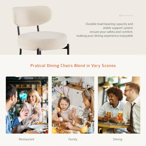 Sweetcrispy Dining Chairs Set of 2, Boucle Upholstered Modern Mid Century Round Kitchen Chairs with Curved Backrest & Meta...