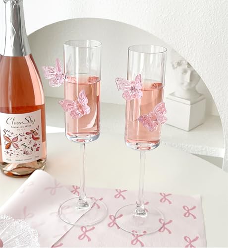 2Pcs Pink Butterfly Wine Glasses, 3D Butterfly Champagne Cups Drinking Glasses Fashioned Wine Cocktails Glassware Romantic...