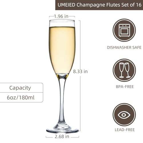 UMEIED 6 Oz Classic Champagne Flutes Set of 16, Long Stemmed Crystal Clear Champagne Glasses, Sparkling Wine Glasses for H...