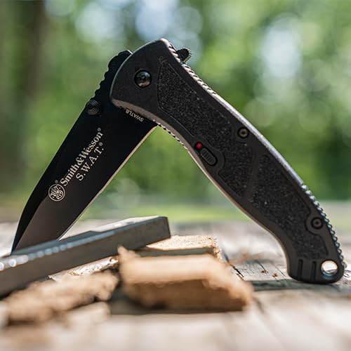 Smith & Wesson Large S.W.A.T. Folding Knife with 3.7in Drop Point Blade, Aluminum Handle, Stainless Steel, For Tactical, S...