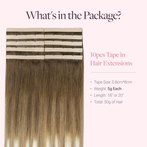 GOO GOO Tape in Hair Extensions Human Hair, 3/8/613 Walnut Brown to Ash Brown and Bleach Blonde, 8cm Wide Tape, 20inch 10pcs 50g, Tape Weft Hair Extensions, Real Human Hair, Seamless Tape in