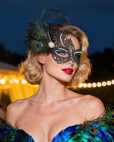 Zinniday Feather Masquerade Mask for Women - Halloween Lace Eyemask with Removable Peacock Feathers, Venetian Party Masks