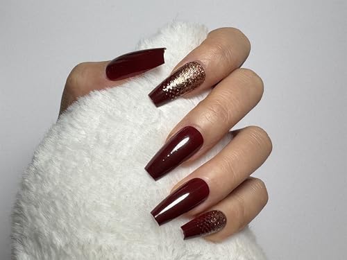 LOONGIN 24Pcs Long Press On Nails Bold Red and Gold Gradient Fake Nails Full Cover Reusable Nail Sticked on Nails Jelly Gl...