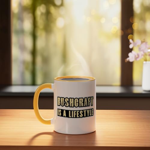 Bushcraft Is A Lifestyle Camping Nature Outdoor Bushcraft Ceramic Mug, Yellow/White