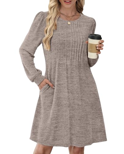 OFEEFAN Long Sleeve Dress for Women Pleated Crew Neck Casual Babydoll Sweater Dress with Pockets Fall Outfits Fashion