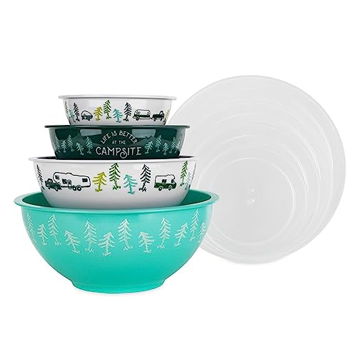 Camco Nesting Bowl Set with Lids - Features Life is Better at The Campsite Design - Camping Dishware Set Includes 4 Durabl...