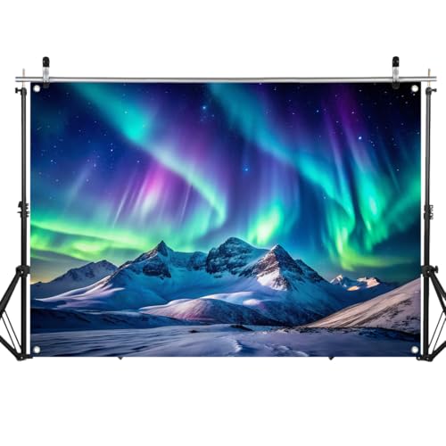 LYCGS 70.8''x47.2'' Colorful Northern Lights Backdrop Snowy Mountains Aurora Borealis Starry Night Sky Background X-411