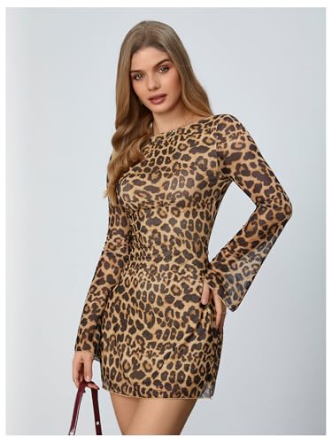 MakeMeChic Women's Cheetah Print Mini Dress Y2k Bell Sleeve Leopard Print Dress Going Out Outfits