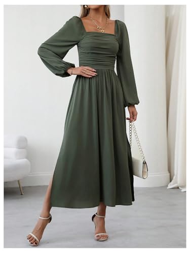 Floerns Women's Square Neck Lantern Long Sleeve Dress Split Ruched Party Midi Dresses