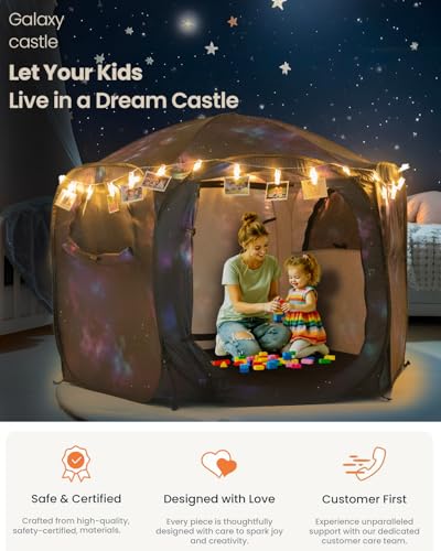 Kids Pop Up Play Tent with Fairy Lights, Hexagonal House with Removable Mat, Indoor Playhouse for Children, Galaxy Theme G...