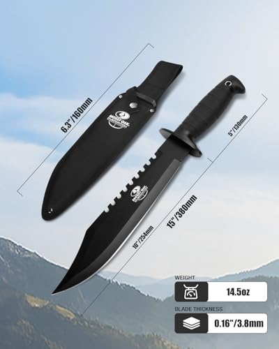 Mossy Oak Survival Hunting Knife with Sheath, 15-inch Fixed Blade Tactical Bowie Knife with Sharpener & Fire Starter for C...