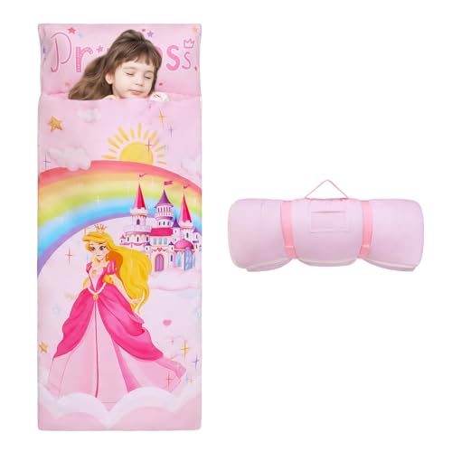 Kids Sleeping Bag Toddler Nap Mat with Removable Pillow, Large Foldable Sleeping Bag for Girls Boys, Easy Clean Slumber Ba...