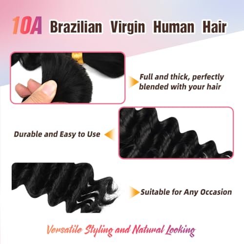 Human Braiding Hair, 3 Bundle 150g 20 Inch Boho Braids Human Hair 10A Deep Wave Bulk Brazilian Virgin No Weft Wavy Hair Extensions for Boho Bohemian Micro Braid Bulk for Braiding Natural Black