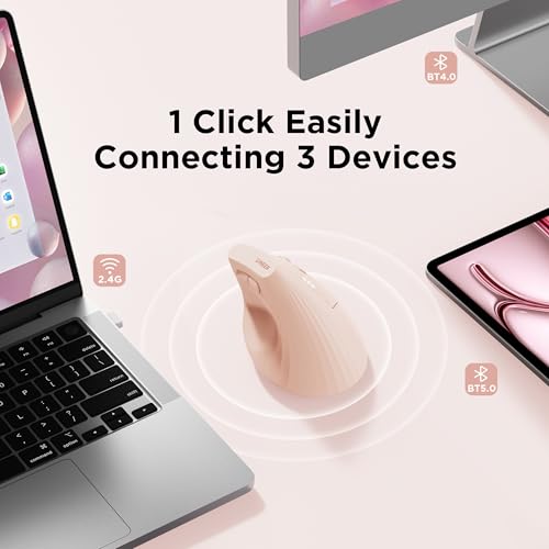 Uineer Ergonomic Wireless Mouse Pink,Bluetooth Vertical Mouse with BT5.0/4.0/2.4G, Rechargeable with Battery Indicator,Erg...