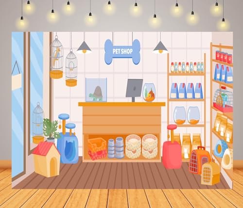 BELECO 5x3ft Fabric Cartoon Pet Shop Backdrop Pet Store with Doghouse Birds Cage Fish Tank Animals Food Photography Backgr...