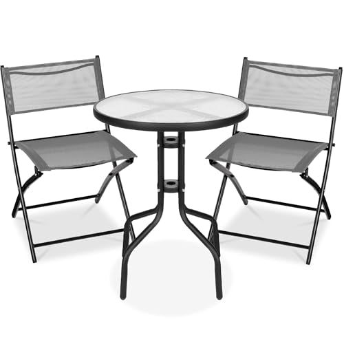 Best Choice Products 3-Piece Patio Bistro Dining Furniture Set w/Glass Tabletop, 2 Folding Chairs, Steel Frame, Polyester ...