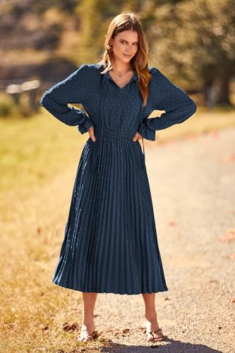 PRETTYGARDEN Women's 2026 Spring Fall Midi Dress Casual Long Sleeve V Neck Swiss Dot Pleated A Line Flowy Dresses
