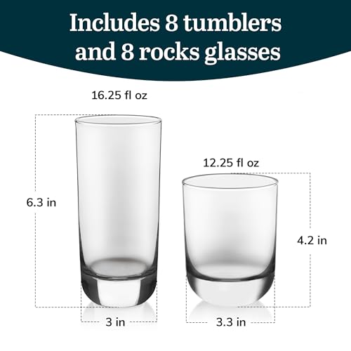 Libbey Drinking Glasses Polaris Tumbler and Rocks Set of 16, Clear, Sturdy Drinkware Glasses Set, Kitchen Glassware for Co...