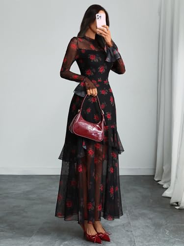 GothDark Womens Floral Maxi Dress Sheer Mesh Bell Sleeve Tiered Ruffle Gothic Romantic Casual Long Dresses