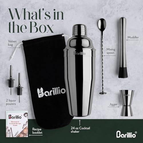 Barillio Black Mixology Bartender Kit - 8-Pc Stainless-Steel Travel Cocktail Shaker Set with Bag - Bar Tools w/Martini Sha...