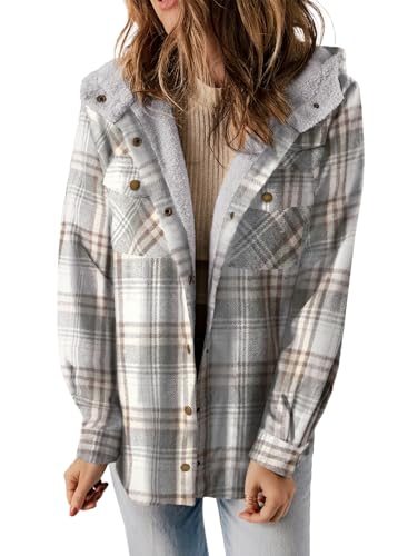Dokotoo Womens Plaid Shacket Jacket Long Sleeve Button Down Fleece Hooded Jackets Warm Coat
