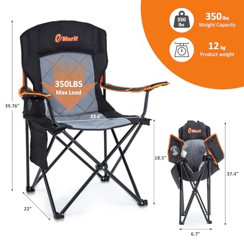 EMERIT Oversized Padded Camping Chair, 350LB Heavy Duty Quad Fold Chair with Arms, Collapsible Outdoor Chairs with Lumbar ...