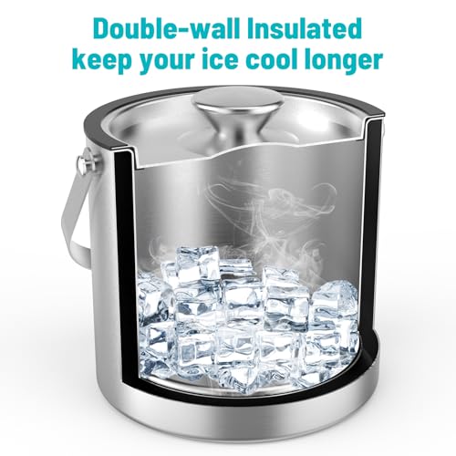 3L Stainless Steel Ice Bucket, Double Wall Insulated Ice Bucket with Lid, Drain Plate, Scoop, Tong for Parties Cocktail Bar
