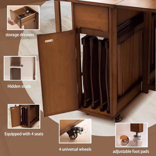 OKCMTR Folding Dining Table Set with 4 Chairs Drop Leaf Table Foldable Dinette for Small Spaces Dining Room Kitchen No Ass...