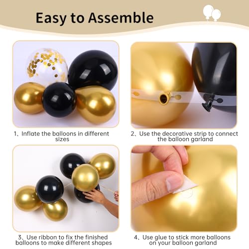RUBFAC 140pcs Black and Gold Balloons, Black Metallic Gold Confetti Star Latex Balloons 5 10 12 18 Inch for 2026 New Year ...