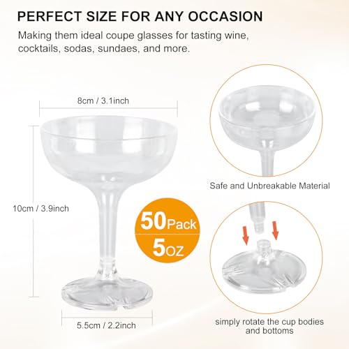 XIRUOXINKEMAO 50 PCS champagne tower glasses, 5 oz disposable martini and champagne glasses plastic, plastic coupe glasse...