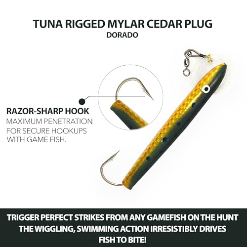 Cedar Plug Tuna Feather Trolling Lure Combo, 6 Pcs Set with Bullet Jet, Flat Jet, Tuna Clone & 6-Pocket Lure Bag for Saltw...