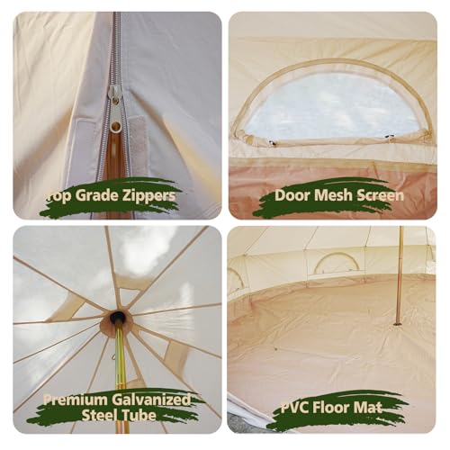 Cotton Canvas Bell Tent, Waterproof Large Tents with Sturdy Center & Door Pole and Space for 4/6/8 Person All 4 Season Cam...