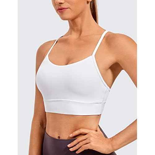 CRZ YOGA Butterluxe Womens Y-Back Racerback Sports Bra - Spaghetti Straps Wireless Scoop Neck Athletic Padded Yoga Tops White Medium