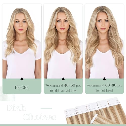 Rich Choices Tape in Hair Extensions Human Hair, 40pcs 100g 100% Remy Tape Hair Extensions Real Human Hair,Seamless Tape in Hair Extension 16 Inch #12P613 Golden Brown Highlighted Bleach Blonde