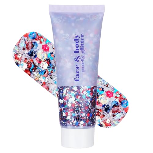 Red White and Blue Body Glitter - 4th of July Outfit Accessories for Women & Kids, USA Flag Face Glitter Makeup, Holograph...
