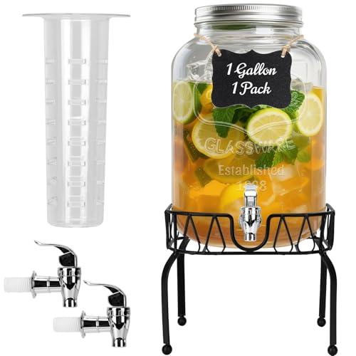 Glass Beverage Dispenser with Stand and Lid, One Pack-2 Gallon with Spigot - Glass Drink Dispensers for Parties, Wedding, ...