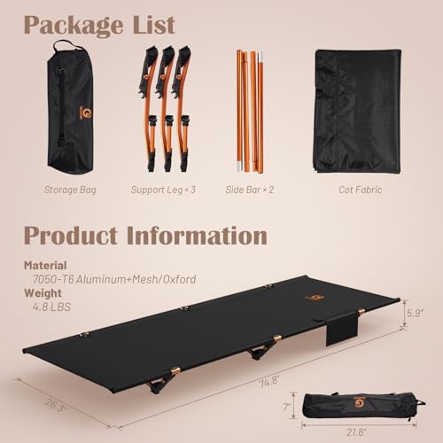 G2 Foldable Camping Cot, Durable Travel Tent Cot, Ultralight for Backpacking, Summer Hiking, Mountaineering, Max Loading C...