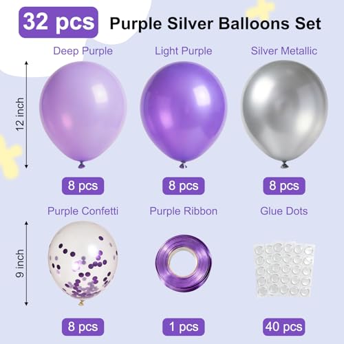 Danadia 32PCS Purple Balloons Set, 12 Inch Purple Silver Metallic Balloons with 9 Inch Purple Confetti Balloons for Girls'...