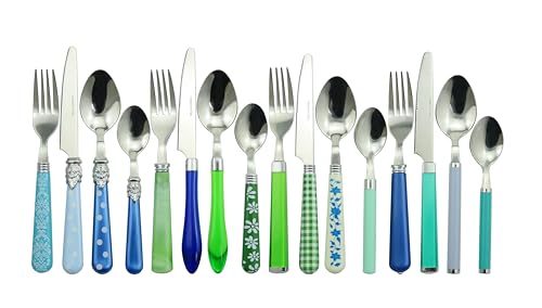 The Original Brink House Eclectic Blue Green Mix & Match Stainless Steel Cutlery Set / 16 pieces with Metal Stand/Lifestyl...