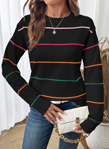 SHEWIN Womens Sweaters Crew Neck Knit Long Sleeve Striped Sweater Fall Outfits for Women 2025