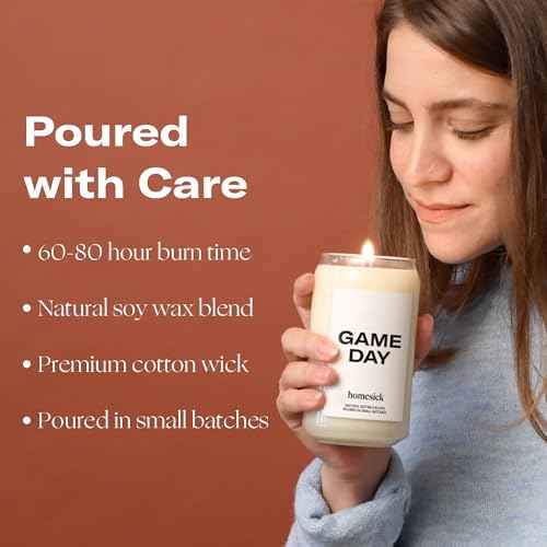 Homesick Scented Candles for Home (Game Day) - 13.75 oz Long-Lasting Soy Wax Blend Jar Candle Gifts for Women & Men, 60-80 Hours Burn Time - Notes of White Amber, Tonka Bean & Smoked Birch