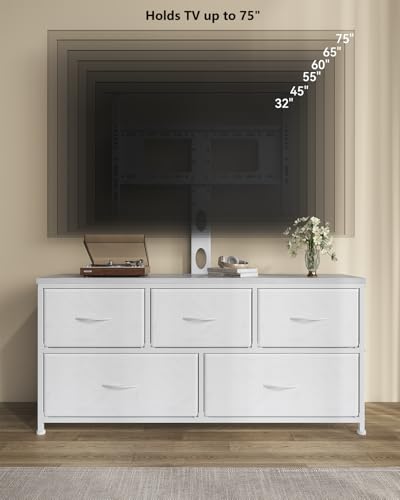 DrawXynth TV Stand with Mount, Fabric Dresser with 5 Drawers for 32/45/55/60/65/75 inch TVs, White Dresser Entertainment Center, Modern Media TV Console Table