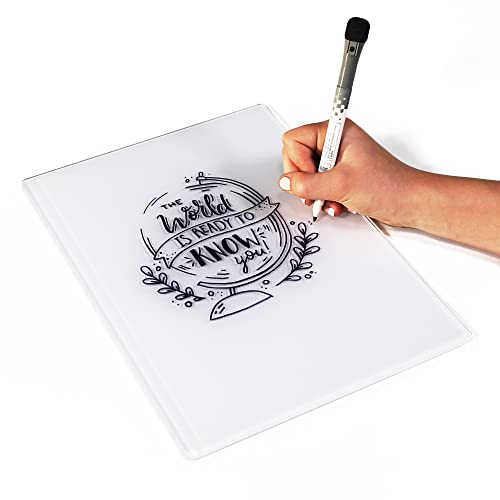 Glass Dry Erase Desktop Doodle Board with Stand and Fine-Tip Marker (White, 9" x 12")