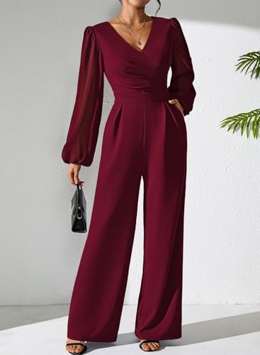 Pink Queen Jumpsuits for Women Dressy Patchwork Chiffon Sleeve V Neck Wide Leg Romper Holiday Party Outfits
