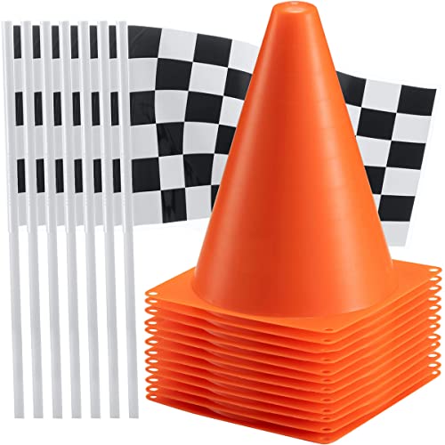 Bedwina Race Car Birthday Party Decorations - (36 Pcs) 12 - 8-Inch Orange Mini Cones for Kids & 24 Black & White Checkered...